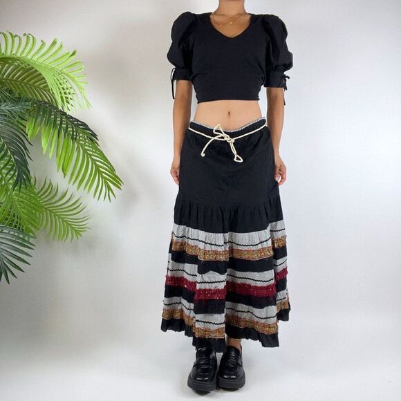 Vintage 90s At Last Grunge Boho Low Rise Fairycore Hippie Striped Midi Skirt / L - Picture 4 of 5